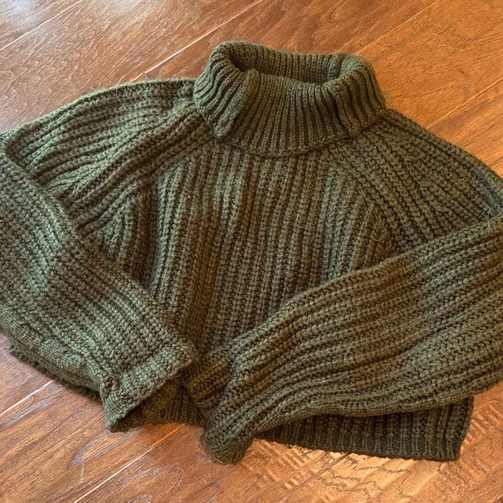 Olive Ribbed Turtleneck Sweater cropped